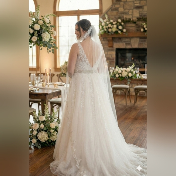 Abaowedding White Wedding Gown Lace Tulle Applique Illusion V Neck NWT - Picture 5 of 12